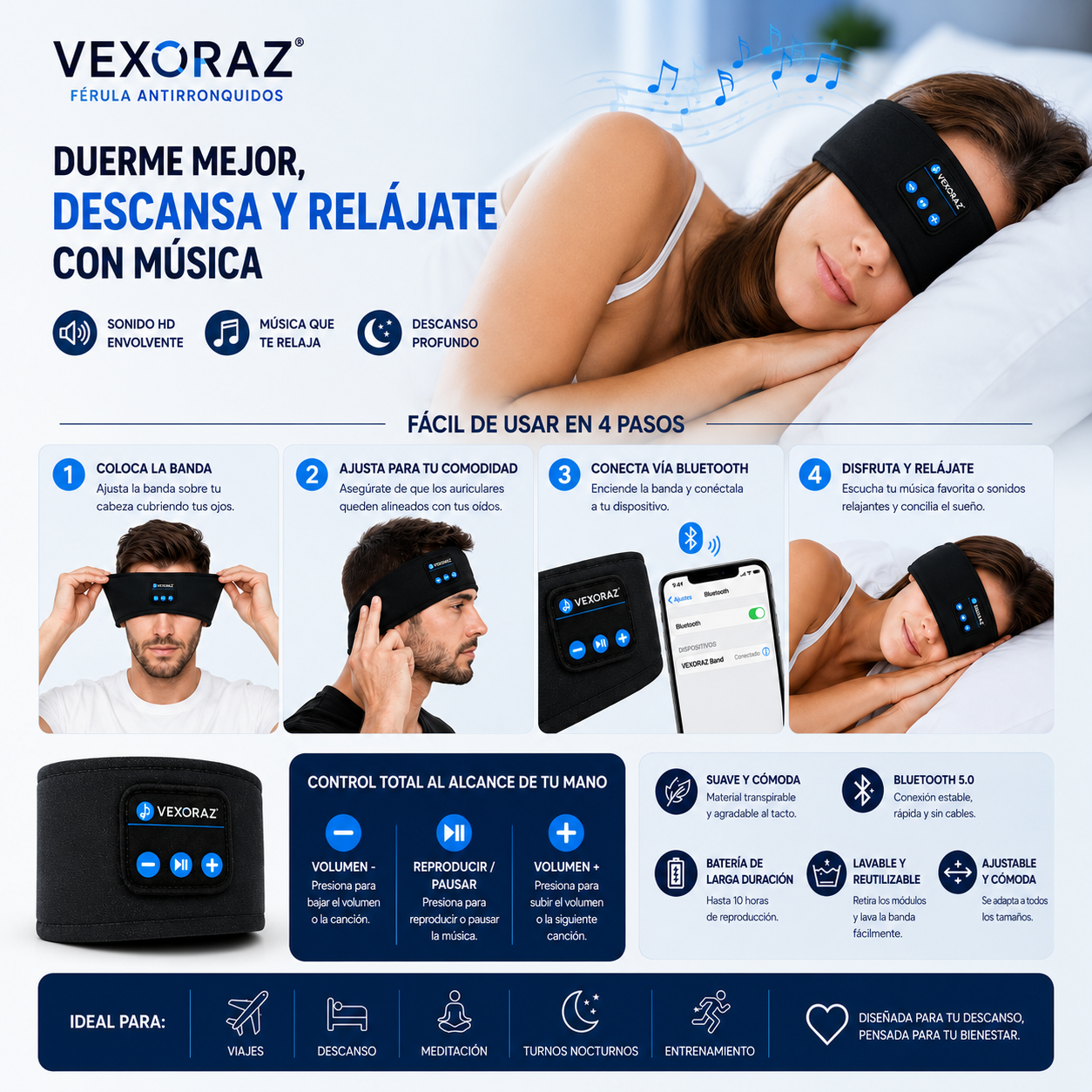 Band Relax Bexoraz - Ideal para Dormir, Viajar y Meditar